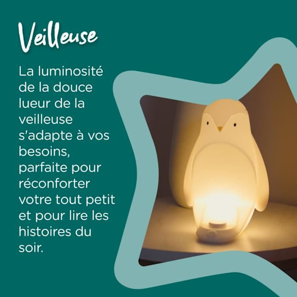 TOMMEE TIPPEE 2-i-1 Penguin Night Light, Nomadic Light-Up Egg, justerbar ljusstyrka, USB Vit