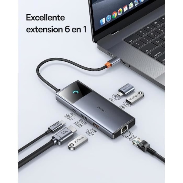 USB C-hub - Baseus - 10 Gbps - 4K 60Hz HDMI - 100 W PD - 6 i 1 med Ethernet RJ45