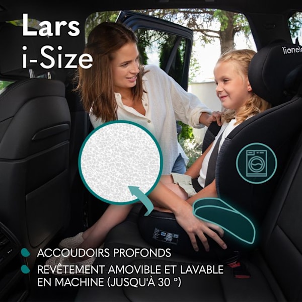 LIONELO Lars i-Size - Justerbar bilbarnstol - 100-150 cm - Grupp 2/3 - Höjdjusterbart nackstöd - Blå Svart, turkos