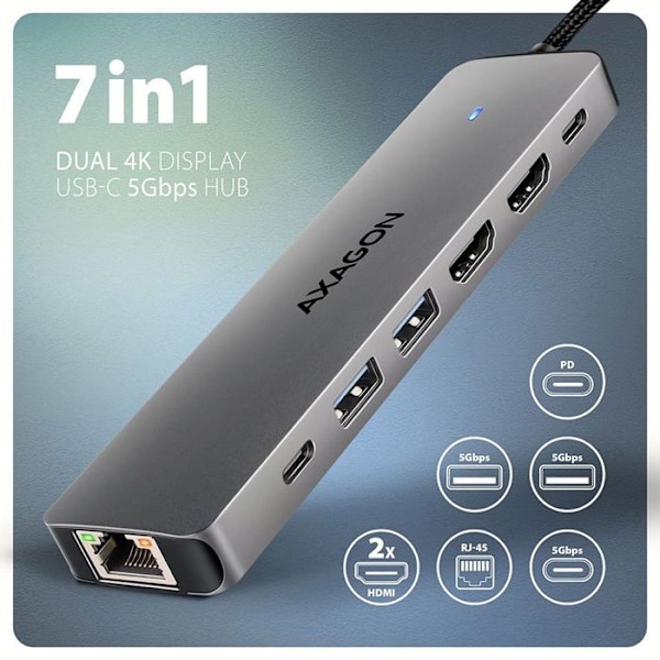 AXAGON HMC-7HX2, Hub 7-i-1, USB-C 5Gbps, 2x USB-A, 1x USB-C, 2x HDMI 4k/60, RJ-45, PD 100W