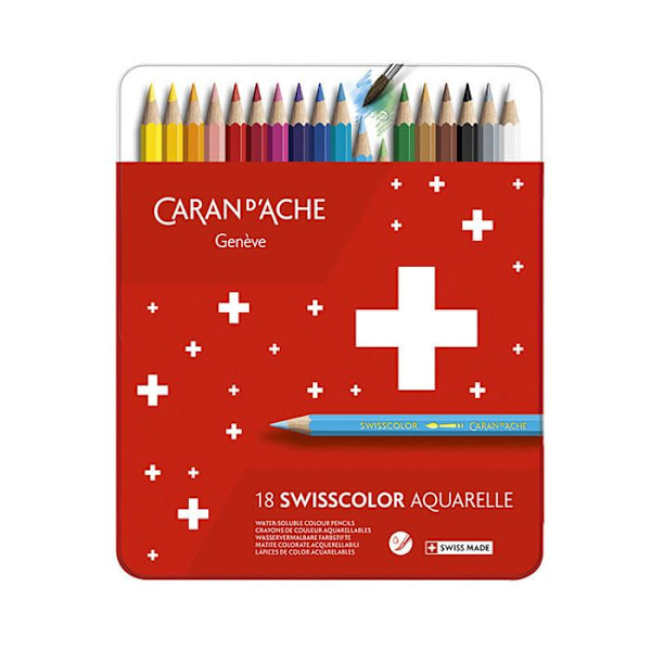 Färgpennor - CARAN D'ACHE - Swisscolor - Metallfodral med 18 - Stift 2,8 mm - Cederträ citron yellow, yellow, orange, salm