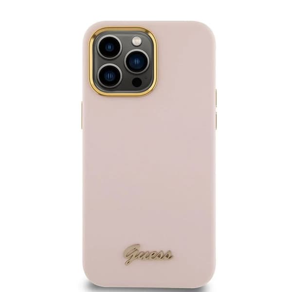 Guess Silicone Script-logotyp och metallram - Fodral för iPhone 15 Pro Max (rosa) Ljusrosa