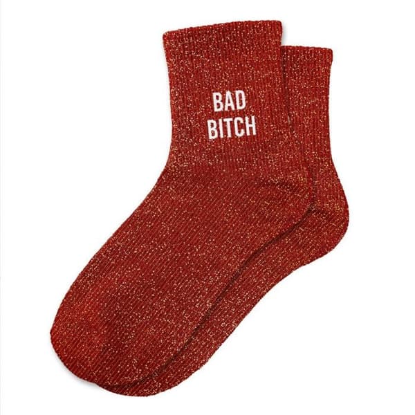 Korta strumpor med gyllene paljetter "bad bitch" röda