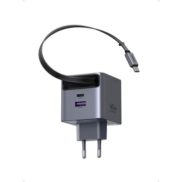 Nätadapter - UGREEN - 65W - USB-A och USB-C - Retractable Grå
