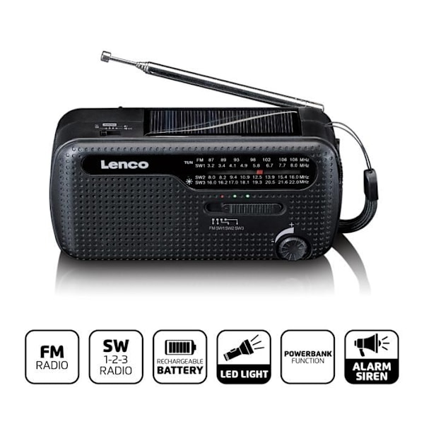 Lenco MCR-113BK - Bärbar nödradio med vev, ficklampa och powerbank i ett enda enhet - Svart Svart