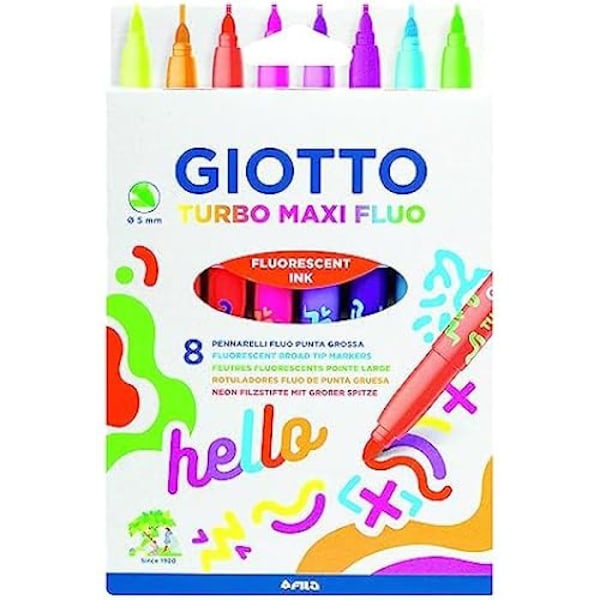 Färgpennor - GIOTTO - Turbo Maxi Fluo - 8 Färger - Spets 5 mm - Tvättbara med vatten mångfärgad
