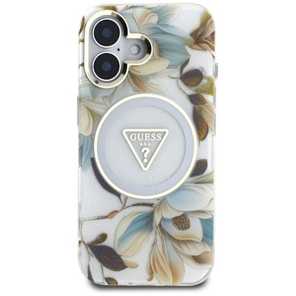 Coque Guess Glitter Flowers Triangle Buttons MagSafe för iPhone 16 (vit) vit