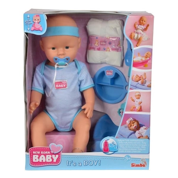 NEW BORN BABY Blue Baby Doll 43cm - Drinks and Pees - SILVERTORN Flerfärgad