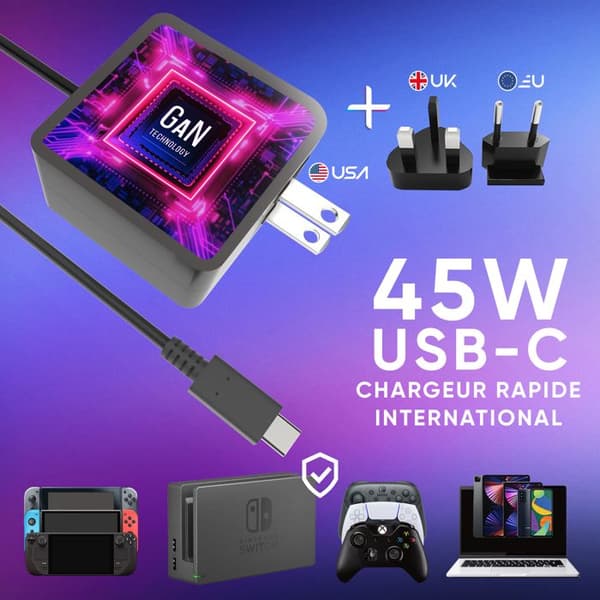 AC-adapterkabel 45W USB C - Oniverse - Snabbladdning - Kompatibel med Switch, PC, Android - 1.5m