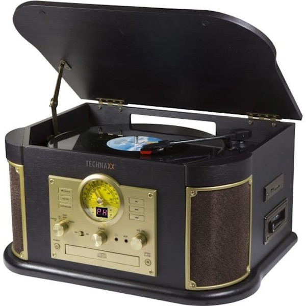 TECHNAXX TX-103 Retro Allt-i-ett Vinyl skivspelare - Digitaliseringsfunktion - Phono, Kassett, CD, USB, Bluetooth, SD, AUX–IN, FM-radio - Svart