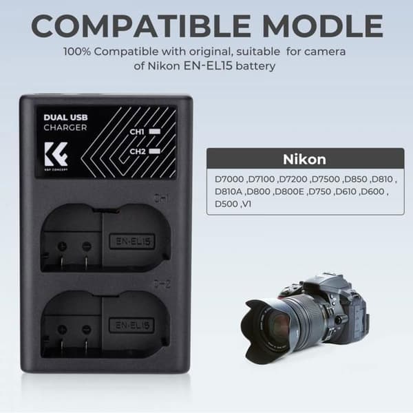 Snabbladdare med dubbla platser, micro USB och dubbel typ C USB-kabel kompatibel med Nikon-batterier