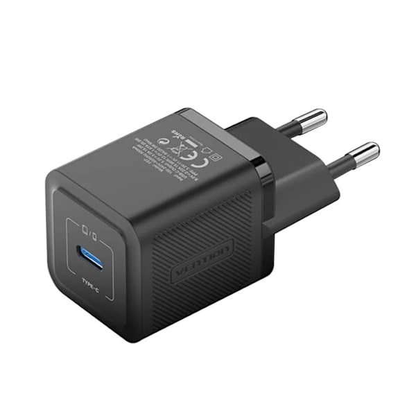 Laddare för EU-kontakt, GaN, 20W, Typ-C, Smart Charging - Vention (FEPB0-EU) - Svart