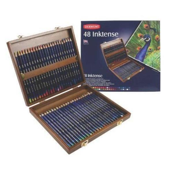 Färgpennor - Derwent - Inktense - Trälåda med 48 - Krämig textur - 71 glada färger 71 juvel färger