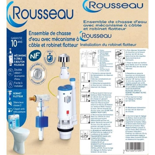 WC-mekanism - ROUSSEAU - 3/6L - Robust och komplett - Certifierad NF - Tyst och pålitlig Vit