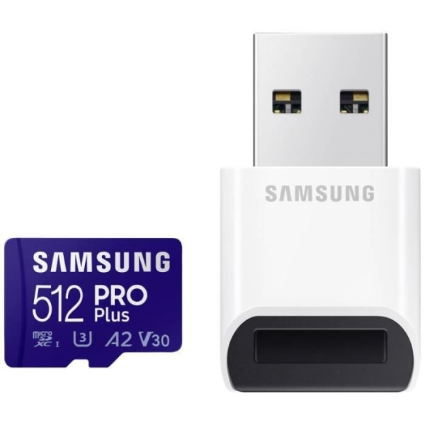 Samsung PRO Plus 512 GB SDXC-kort Klass 10, Klass 10 UHS-I, UHS-I, v30 Video Speed Class 4K Videokompatibilitet, Stativ