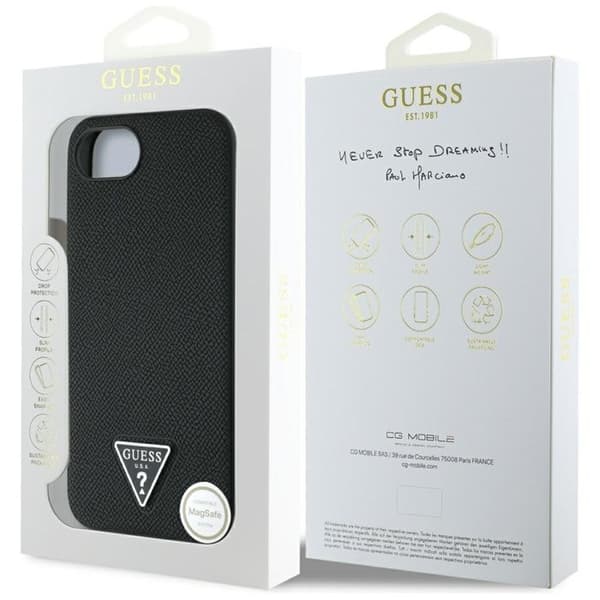 Coque Guess Grained PU Triangle Logo MagSafe för iPhone 16e - Svart Svart