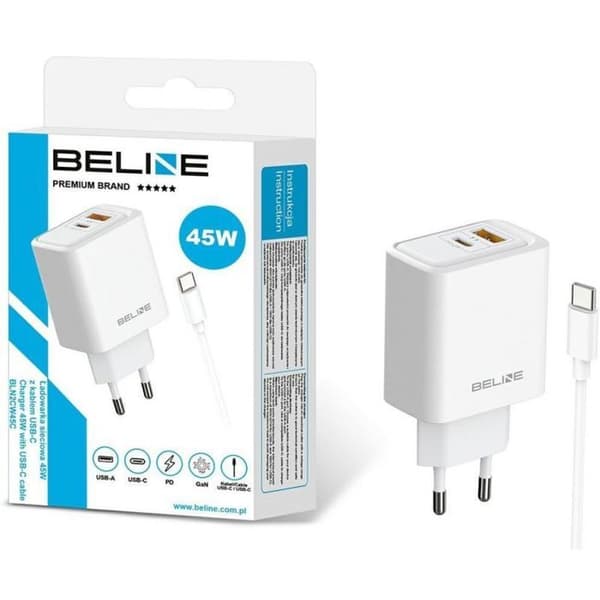 Laddare - Beline väggadapter 45 W GaN USB-A/USB-C + USB-C/USB-C-kabel BLN2CW45C vit