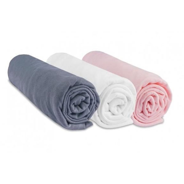 Set med 3 st bomullslakan 40x80/90 - EASY DORT - grå vit rosa - stretchjersey - Oekotex certifierad Grå, vit, rosa