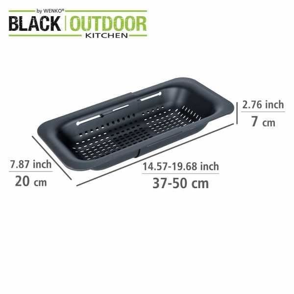 WENKO SIVO Diskbänkssil | Infällbar sil | Utdragbara handtag till placering | Pasta, frukt, grönsaker | 37 till 50 cm | Svart