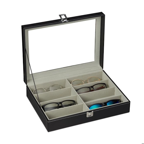 Relaxdays glasögonfodral för 8 par, solglasögonförvaring, 8,5 x 33,5 x 24,5 cm, läderbox, svart svart, grå, genomskinlig