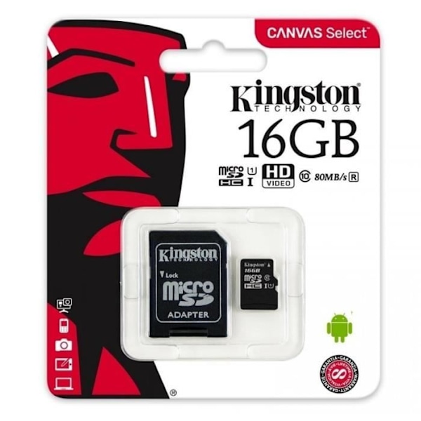 KINGSTON Canvas Select Micro SDHC-kort - 16 GB - Klass 10/UHS-I (U1) - 80 MB/s Läs - 10 MB/sSpace Write