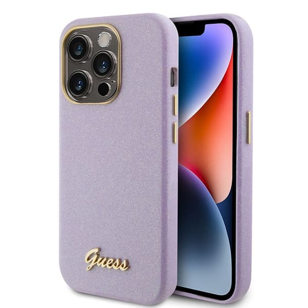 Coque Guess Glitter Glossy Script för iPhone 15 Pro - Ljuslila Ljuslila