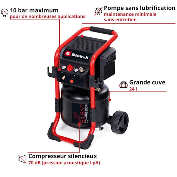 Einhell Tyst Kompressor TE-AC 240/24 Silent (1500 W, Max. 10 bar, Tank 24L, 240 l/min, 70dB, oljefri motor) Svart