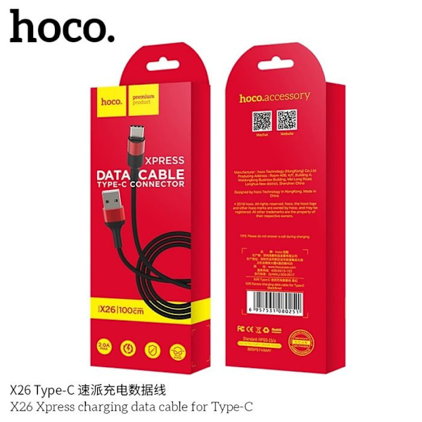 Hoco - Xpress-laddningsdata kabel (X26) - USB-A till USB Type-C, 10W, 2A, 1,0m - Svart / Röd