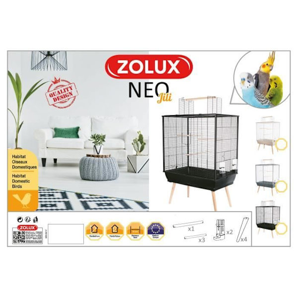 Neo Jili upphöjd bur för fåglar - ZOLUX - L 78 x D 47,5 x H 112 cm - Grå Grå plastbehållare, vitt rutnät (st