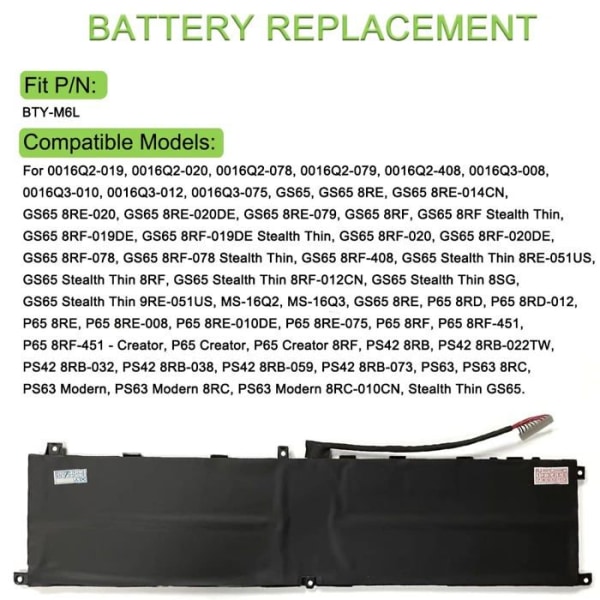 Xitaian 15,2V 80,25Wh 5380mAh BTY-M6L Ersättningsbatteri för MSI GS65 8RF, GS65, MSI PS42 8RB, PS63, PS63 8RC, MS-16Q3