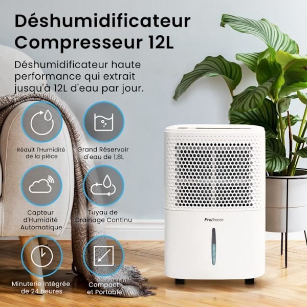 Pro Breeze Portable Avfuktare 12L/dag med 3 lägen, Digital Display, Kontinuerlig evakuering, Timer, Against Fuktighet