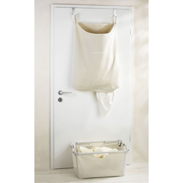 WENKO Vägghängd tvättkorg Canguro, hängande tvättkorg, Kapacitet 65L, 100% bomull - krok i rostfritt stål, beige Beige