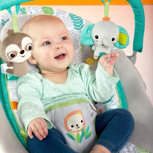 BRIGHT STARTS Jungle Vines Baby Bouncer, lugnande vibrationer, avtagbar leksaksstång, upp till 9 månader Grå, grön och blå