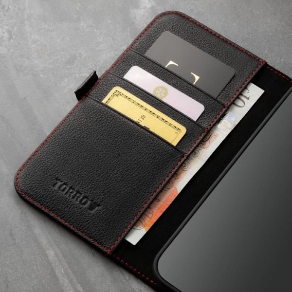 Coque i läder - TORRO - iPhone 13 Mini - Äkta läder - Inbyggd ställning - Kortfack Svart med röda detaljer