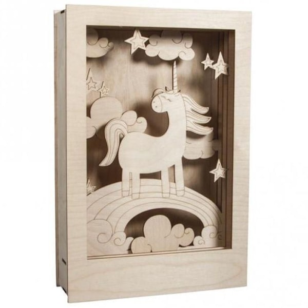 3D-ram i trä - Rayher - Enhörning - 20x30x6.5 cm - Kreativt kit att montera - Blandat barn Beige