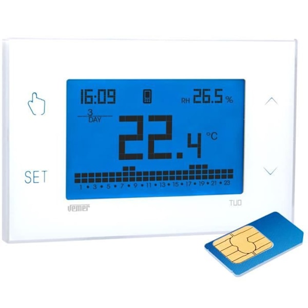 VEMER VE771800 TUO Termostat GSM Väggmonterad med APP-kontroll, Veckoprogrammering, Vit