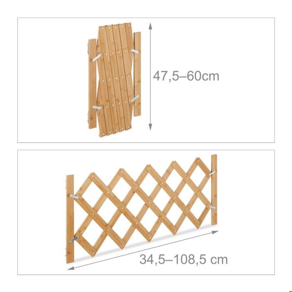 Relaxdays säkerhetsgrind för hundar, upp till 108,5 cm, 47,5-60 cm hög, bambu, trappor & dörr, natur ljusbrun
