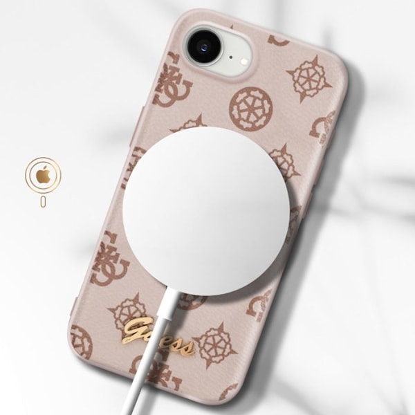 MagSafe-skal för iPhone 16 med tryckt Peony Script-logotyp i relief Guess Ljusbrun
