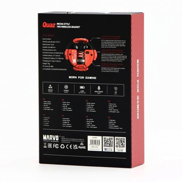 Hörlurar - MARVO - Quaz - Bluetooth - In-ear - Röd Röd