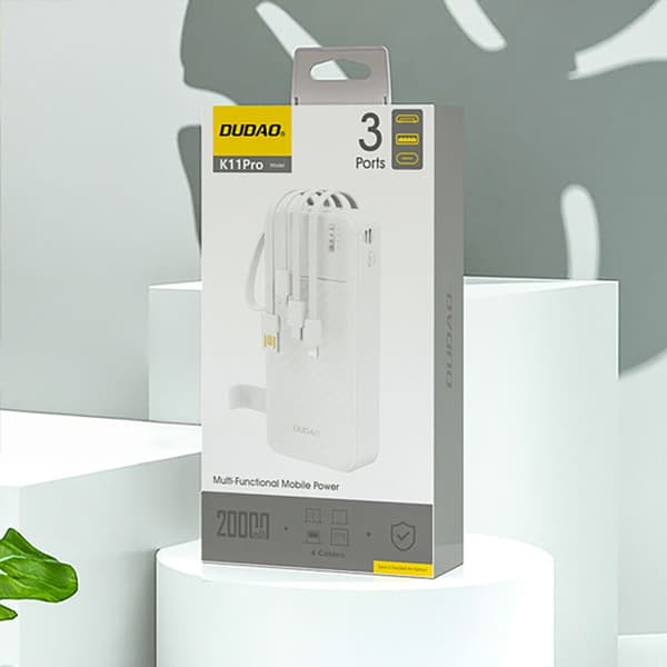 Extern batteri K11 Pro 20 000 mAh med integrerade kablar - Vit