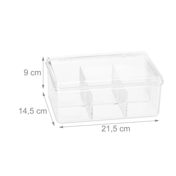 Relaxdays teask, ask, 90 tepåsar, lock, 6 fack, HxBxD: 9 x 21,5 x 14,5 cm, transparent transparent