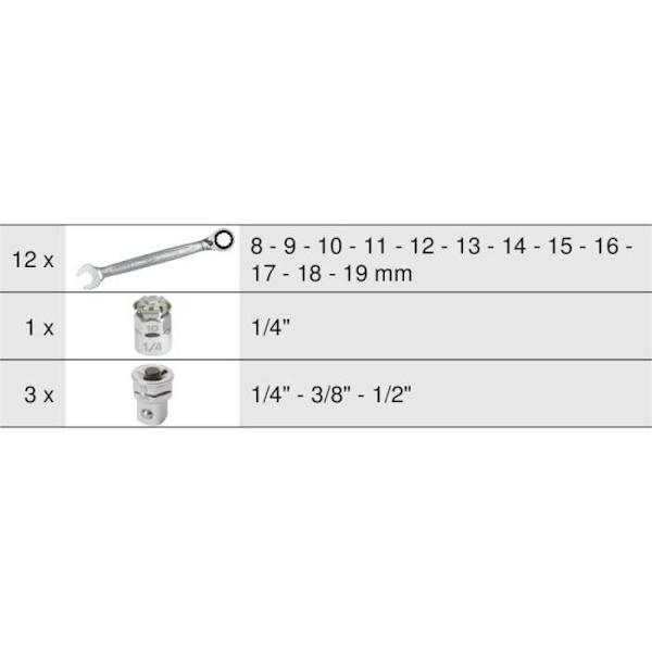 Modul - KS TOOLS - 713.2027 - Modul för blandade ringnycklar med reversibel spärr Gearplus - Med adaptrar - 16 delar Röd