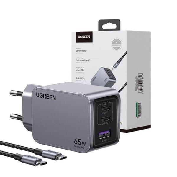 Ugreen Nexode Pro 65W Vägghylla 2xUSB-C 1xUSB-A med 1,5M USB-C-kabel Grå Grå