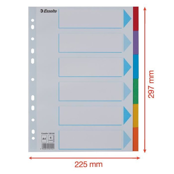 A4-avdelare - Esselte - 6 nycklar - Slitstark 160g/m² kartong - Färgade flikar - Universell perforering Flikfärger