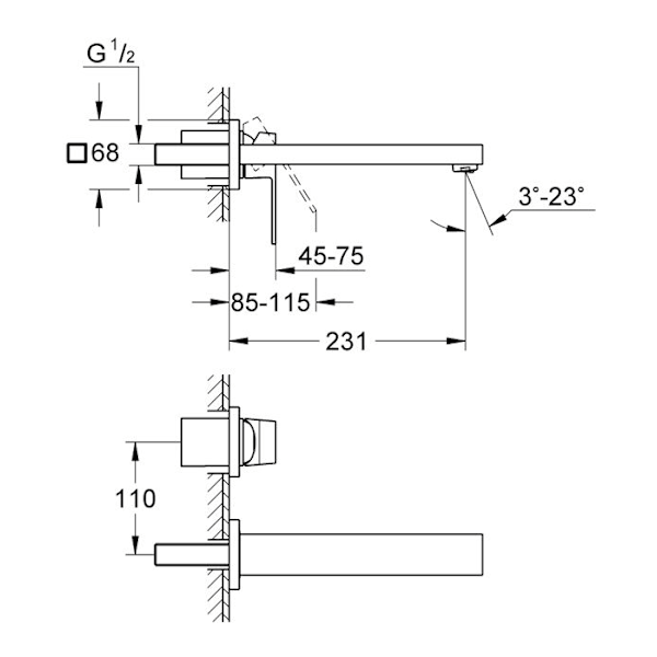 Eurocube väggmonterad tvättställsblandare 2 hål Krom - Grohe - Fast - 68mm - Metall Grå