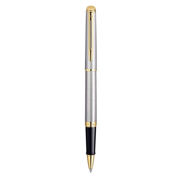 WATERMAN Hemisphere Rollerball-penna, rostfritt stål, guldkant, finspets svart refill, presentask