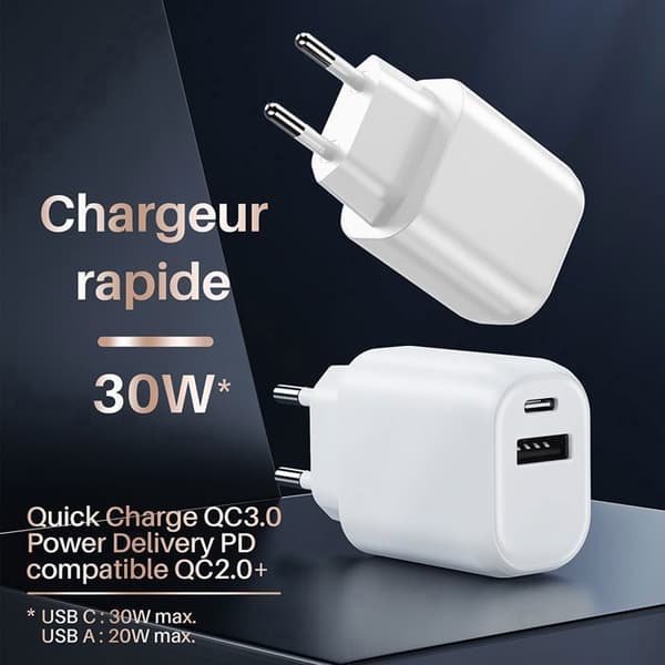 USB-laddare - WAYTEX - 3-pack 30W - USB-C + USB-A - QC 3.0 PD - Säker laddning (IC)