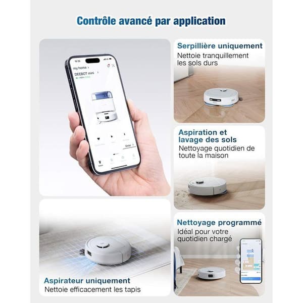 Robotdammsugare - ECOVACS DEEBOT MINI - 9 000 Pa - ZeroTangle 2.0 - TrueMapping 2.0 - Torkning vid 45 ℃ - Automatisk tömning Blå och vit
