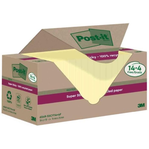 Super Sticky Recycling Notes, 18x70 ark, 76 x 76 mm, gul