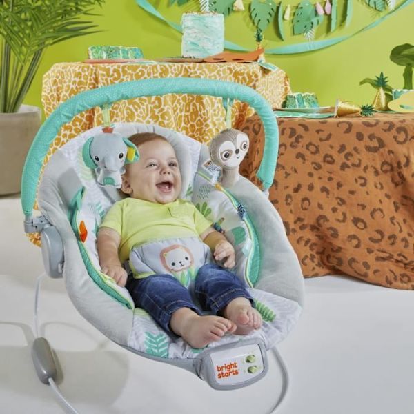 BRIGHT STARTS Jungle Vines Baby Bouncer, lugnande vibrationer, avtagbar leksaksstång, upp till 9 månader Grå, grön och blå